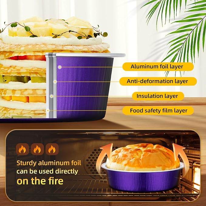 Beasea Mini Tart Pans with Lids, 120 Pack 7.3oz 4 Inch Disposable Cake Pans Aluminum Foil Pie Tart Baking Cups Tins Individual Dessert Containers Oven Dishes for Cheesecake - Violet Purple