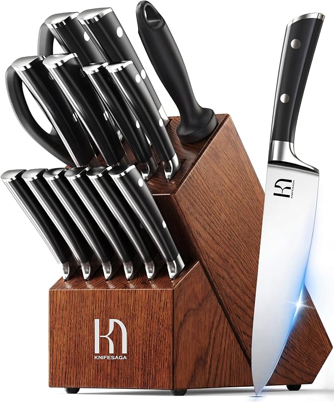 KnifeSaga Knife Set, 15 Pcs Kitchen Knife Block Set, Enduring Razor-Sharp High Carbon Stainless Steel Chef Knife Set with Block and Sharpener, Premium Knives Set for Kitchen, Ash Wood Valentine's Gift
