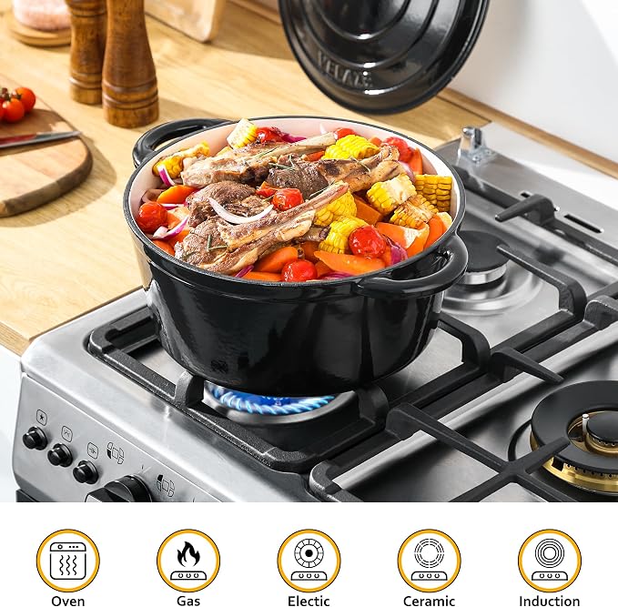 Velaze 7.5 QT Enameled Cast Iron Dutch Oven Pot with Lid,Black | Large Capacity for Cooking,Frying, Stewing,Bread Baking,and Roasting,Oven Safe,Dual Handles,Heavy Duty,Non-Stick Coating