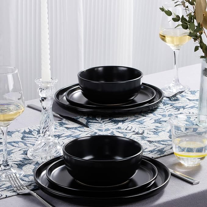 LIANYU Porcelain Dinnerware Sets, 12 Piece Dishes Set for 4, Black Onyx | Ceramic Durable Plates and Bowls, Chip and Scratch Resistant Dishware Dishes Set, Dishwasher & Microwave Safe Stoneware Set