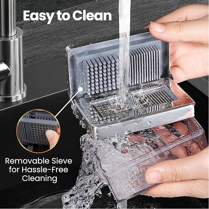 Gourmet Easy Garlic Press Chopper, 2-in-1 Slicer & Dicer, Fridge Friendly | Airtight Container Keeps Garlic and Ginger Fresh, Cleaning Sieve Included, Stainless Steel, Dishwasher Safe, 5-Year Warranty