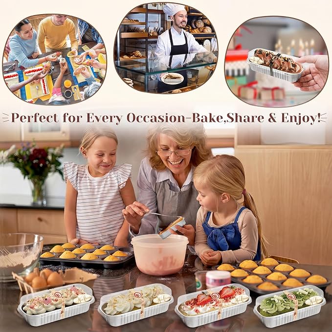 YQER 100 Pack Silver Mini Cake Pans with Lids and Spoons, 6.8 oz Disposable Aluminum Foil Mini Loaf Pans with Stickers, Individual Elegant Dessert Cake Tins Containers for Weddings, Winter Parties