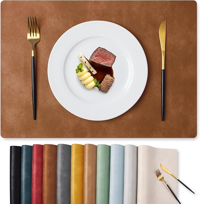 MOSAYT Vinyl Placemats Set of 12-12 X 17 Inch - Faux Leather 100% Waterproof Oil-Proof Wipeable PU Place Mats, Heat Resistant Reversible Table Mats for Kitchen, Dining, Outdoor, Reddish Brown