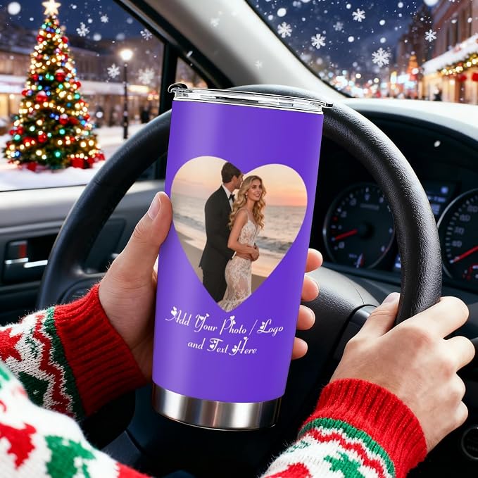 Personalized Tumbler Custom Vacuum Insulated Travel Mug Customizable Coffee Cup with Your Photos and Text Christmas Birthday Gift (2 Heart Photos+Text)
