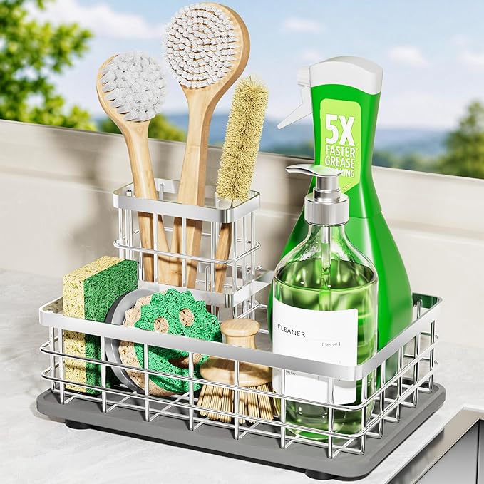 Kitchen Sink Caddy Organizer with Sponge & Brush Holder, Stone Drying Mat | Extra-Large Kitchen Countertop Organizer, Stainless Steel Kitchen Sink Accessories with Quick-Dry Soap Tray for Fewer Stains