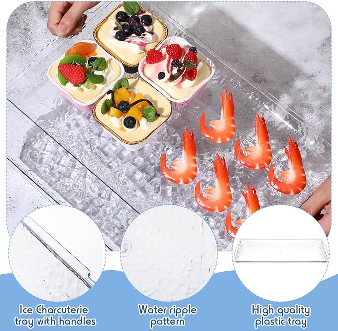4 Set 16" x 9" Chilled Serving Tray with Compartments,Clear | Ice Chilled Party Platter, Charcuterie Serving Board, Cold Dish Dip Tray for Fruit, Seafood, Vegetable, Appetizer