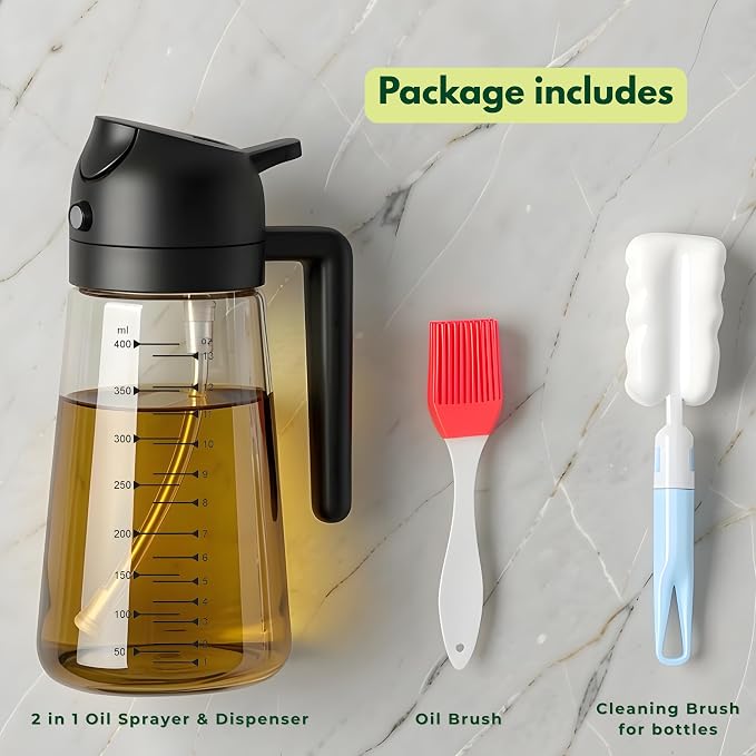 Glass Olive Oil Sprayer for Cooking 16oz/470ml – Transparent 2 in 1 Glass Oil Sprayer & Dispenser with Scale, Kitchen Gadgets & Air Fryer Accessories, Olive Oil Dispenser – Black