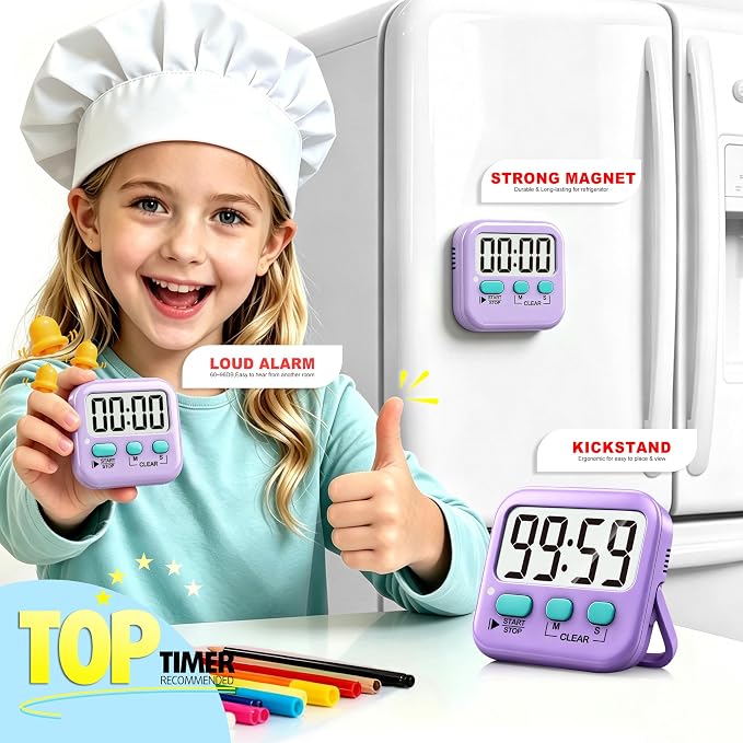 2 Pack Digital Timer for Kids Classroom Kitchen Timers for Cooking | w/ Battery, Easy to View, Alarm, Mute Mode, Count Down/Up, Magnetic, Kickstand, Hanging, Classroom Timer for Teacher Supplies