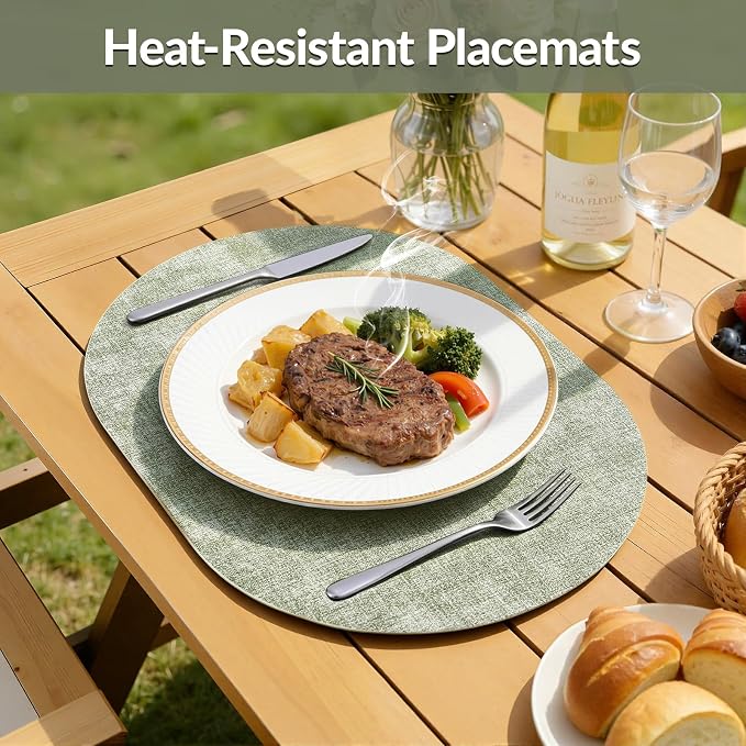 Placemats Set of 8, 11.8 x 17 Inch, Grass Green | Heat Resistant Oval Faux Leather Place Mats, Waterproof Wipeable Reversible PU Placemat, Indoor & Outdoor