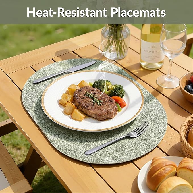 Placemats Set of 4, 11.8 x 17 Inch, Grass Green | Heat Resistant Oval Faux Leather Place Mats, Waterproof Wipeable Reversible PU Placemat, Indoor & Outdoor
