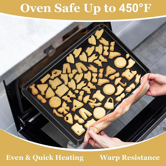 E-far 16x12 Inch Baking Sheet, Non-stick Cookie Sheet Pan for Oven Baking Cooking Roasting, Carbon Steel Tray Metal Bakeware for Jelly Roll Steak, Non-toxic & Warp Resistant, Easy Clean