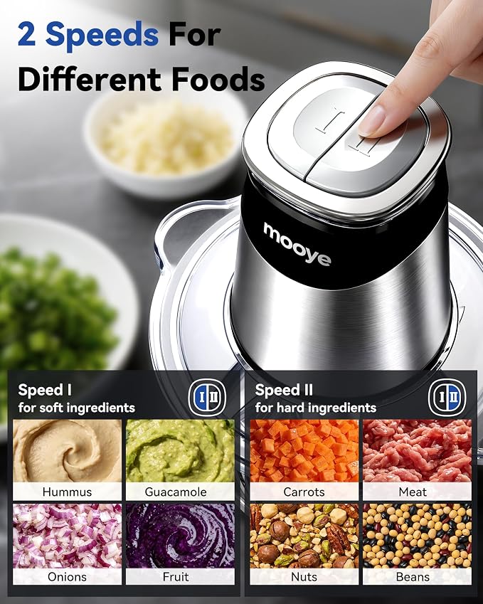 Food Processor Electric Food Chopper with Meat Grinder & Vegetable Chopper - 3 Bowls(8Cup+8Cup+3Cup) with Powerful Copper Motor - Includes 3 Sets of Bi-Level Blades for Fruits/Meat/Nuts