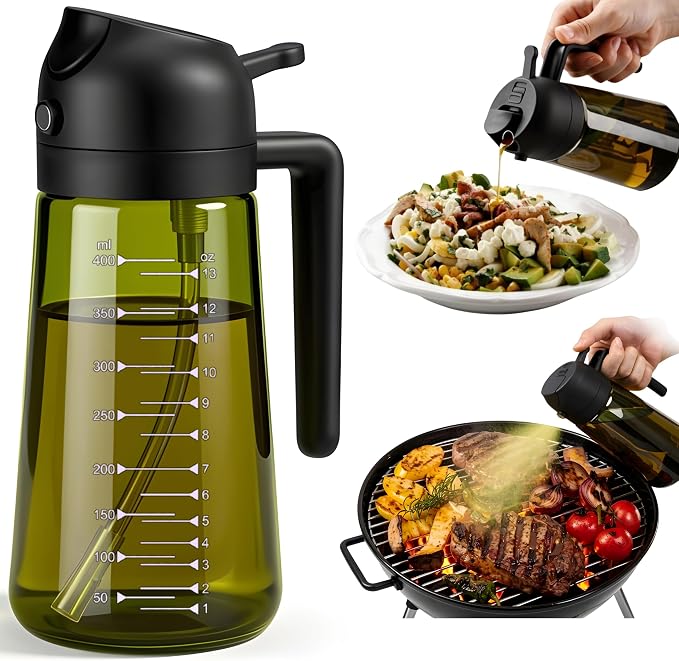 Glass Olive Oil Sprayer for Cooking 16oz/470ml – Dark-Green 2 in 1 Glass Oil Sprayer & Dispenser with Scale, Kitchen Gadgets & Air Fryer Accessories, Olive Oil Dispenser – Black