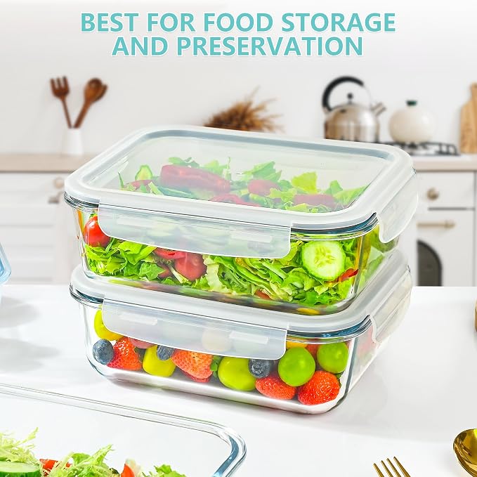 2 Pack 78 Oz / 9.8 Cups Large Glass Food Storage Containers with Lids, Meal Prep Containers for Baking, Serving, Glass Storage Container, BPA Free, Leakproof, Freezer, Microwave/Oven Safe