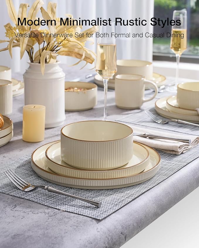 Famiware Stoneware Dishes Dinnerware Sets for 6, Plates and Bowls with Trim | 18pc Ceramic Dinner Set with Lipped Edges, Chip & Scratch Resistant , Microwave & Dishwasher Safe, Everyday Formal Use, Cream