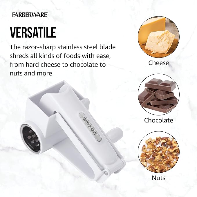 Farberware Pro Rotary Cheese Grater, Hand Crank Parmesan Grater with Stainless Steel Drum, Ergonomic Handle, Dishwasher Safe, White