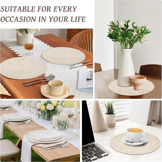 13" Round Placemats Set of 4, Reversible Faux Leather Wipeable Table Mats | 2mm Vinyl Heat Resistant, Waterproof Oilproof Scratch Proof Non-Slip, Washable for Kitchen Dining Indoor Outdoor (Beige)