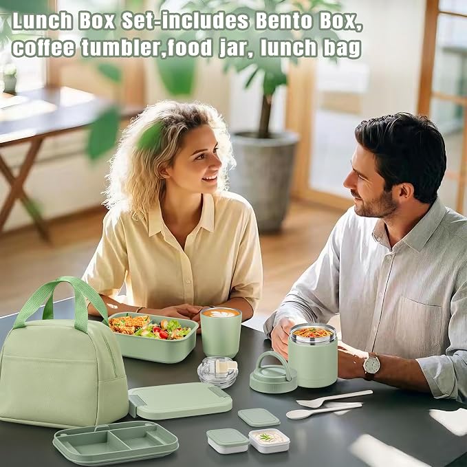 Large Bento Lunch Box Set for Adults Kids Women with 10.5oz Soup Thermo,Coffee Tumblers Men Girls Boys Teenagers Leak-Proof Lunch Food Containers with Lunch Bag