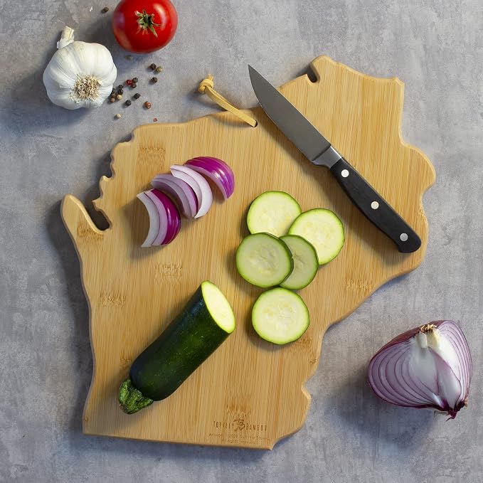 Totally Bamboo Wisconsin State Shaped Cutting Board, Summer Stokes Art | State charcuterie board with colorful hand-drawn landscape art. Smooth reverse side for food prep. Hang tie for wall display.