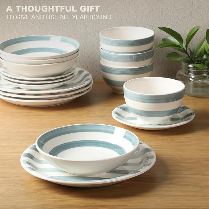 Gibson Home Kenwood Shores 16 Piece Dinnerware Set, Blue Striped, Hand-Painted Stoneware Dishes, Plates and Bowls, Service for 4, Microwave & Dishwasher Safe