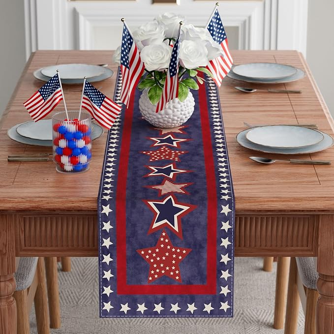 XCHI Blue Patriotic Red White Stars America 4th of July Memorial Day Independence Day Table Runner Decoration for Home Kitchen Holiday Party 13x48 Inch