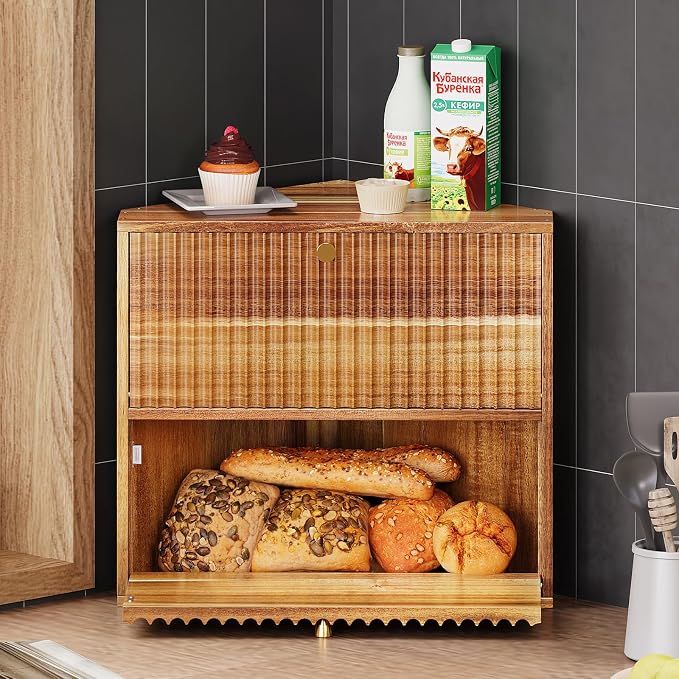 Trironsun Acacia Corner Bread Box for Kitchen Countertop Wood Two Layer Large Capacity Bread Storage Bin Vintage Storage for Homemade Bread (Acacia Wood)