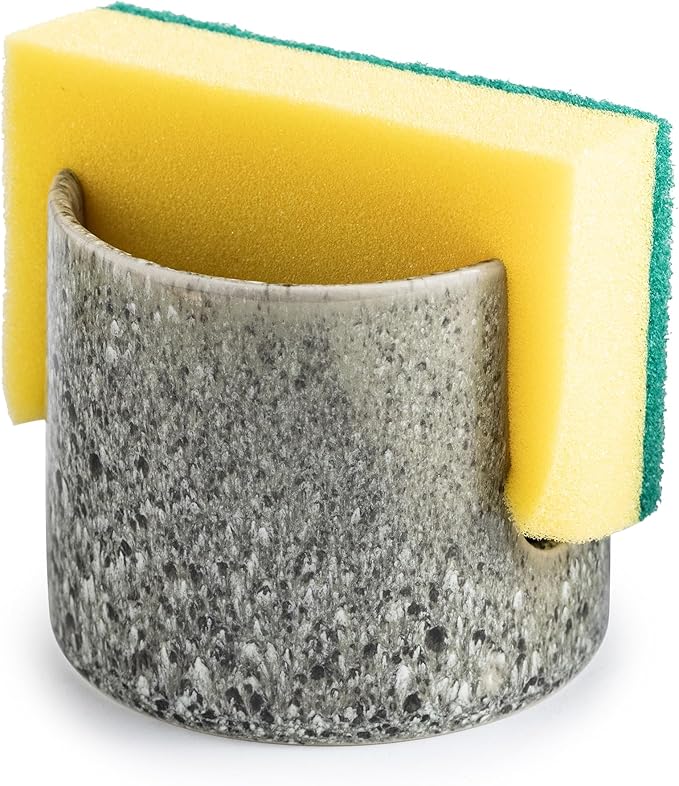 Zoeeker Kitchen Sponge Holder, Ceramic Dish Sponge Holder Scrubby Daddy | Cute Sink Caddy Dish Brush Drying Rack Scouring Pad Holder for Bathroom Countertop, Farmhouse Kitchen Decor, Special Gray
