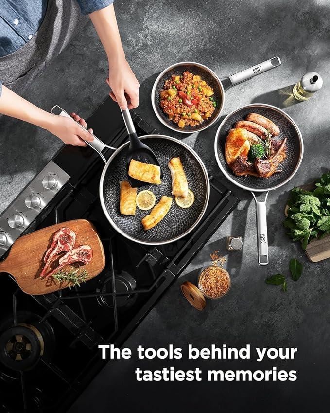 Nonstick Frying Pan Set, Non-Toxic Tri-Ply Hybrid Ceramic Skillet 3 Piece, 8, 10 & 12 Inch Stainless Steel Pans, PFAS/PFOA/PTFE Free, Metal Utensil Safe, Dishwasher & Oven Safe, Upgraded Version