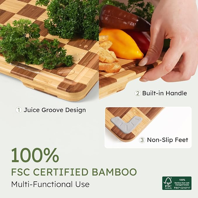 20”Extra Large Bamboo Cutting Boards for Kitchen Wooden Checkered Cutting Board Heavy Duty Butcher Block Juice Groove Non Toxic End Grain Charcuterie Board Serving Non Slip XXL Wood Chopping Board