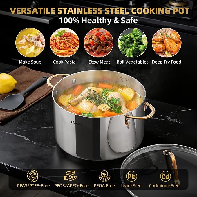 Ciwete 8 Quart Stock Pot with Lid, Upgraded Tri-Ply Stainless Steel Pot, Seamless Soup Pot with Stay-Cool Brass Handle, Healthy Polished Stockpots, Induction Cookware, Oven and Dishwasher Safe