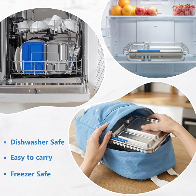 Stainless Steel Bento Lunch Box for Kids & Adults, 4 Compartment Kids Lunch Box, Metal Bento Box with Silicone Container and Stainless Steel Sauce Container,BPA-Free,School,Office(Blue)