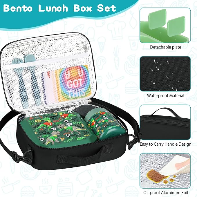 wiwens Bento Lunch Box for Kids with 12oz Soup Thermo Leak-Proof Lunch Food Container with 5 Compartment Thermo Hot Food Jar and Insulated Lunch Bag for Kid Toddler Girls Boys to School