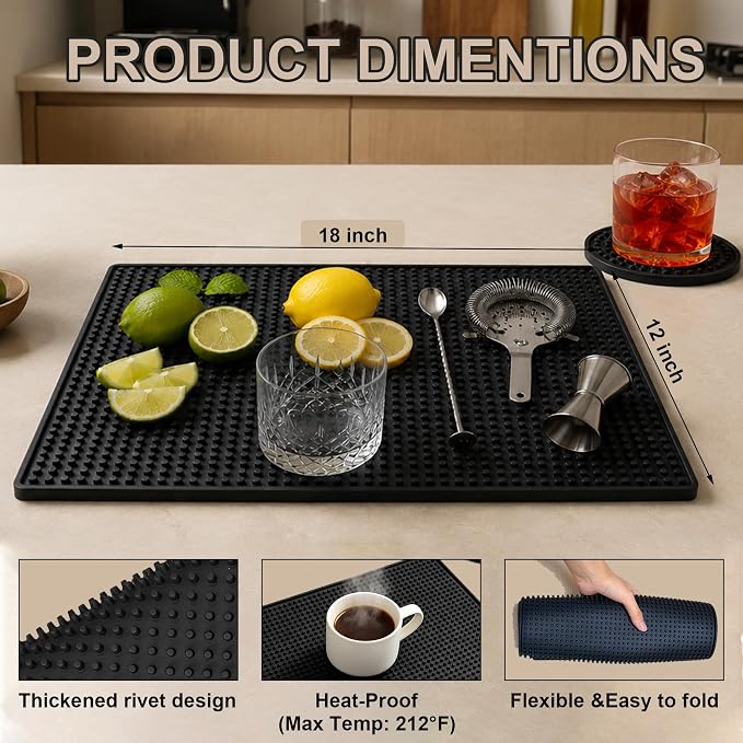 4 Pack Bar Mats for Countertop, Bacohay 18" x12" Rubber Coffee Bar Mat | Non-slip dish drying mats with 4 coasters, Easy to clean spill mats for bartending, coffee bar, kitchen, restaurant, home bar