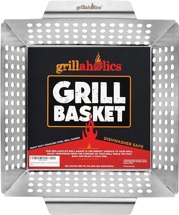 Grill Basket for Outdoor Grill - Durable Premium Stainless Steel Vegetable Grill Basket - XL Family Size BBQ Grill Basket - Perfect Grilling Accessories for Veggies, Fish, Shrimp & Kebabs | Family-Sized | Dishwasher Safe | Stainless Steel | Includes Ha...