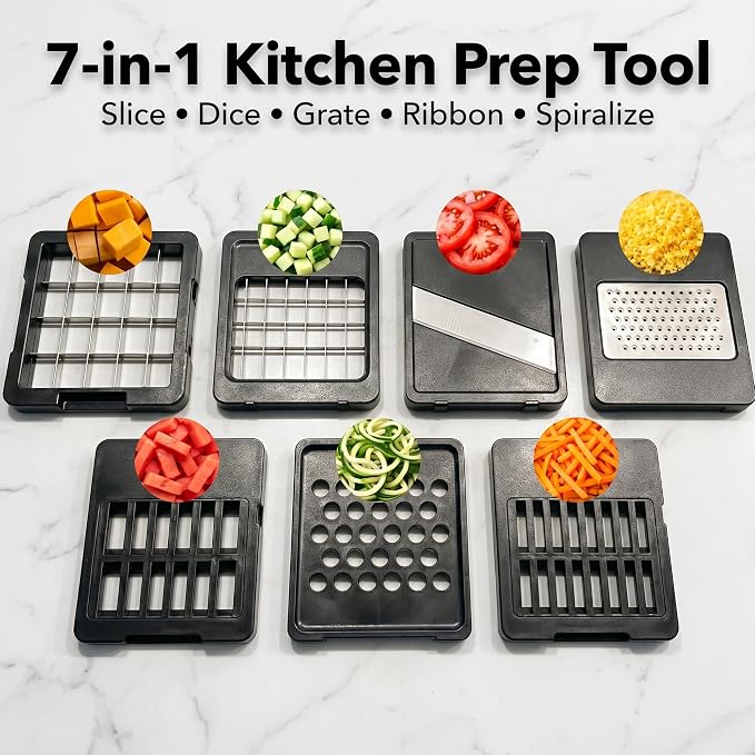 OVENTE 7-in-1 Vegetable Chopper and Mandoline Slicer, White MD71W | With 7 Interchangeable Blades and Safety Gloves, Multifunctional Kitchen Gadget for Fruit, Onion, Potato, Cucumber & More
