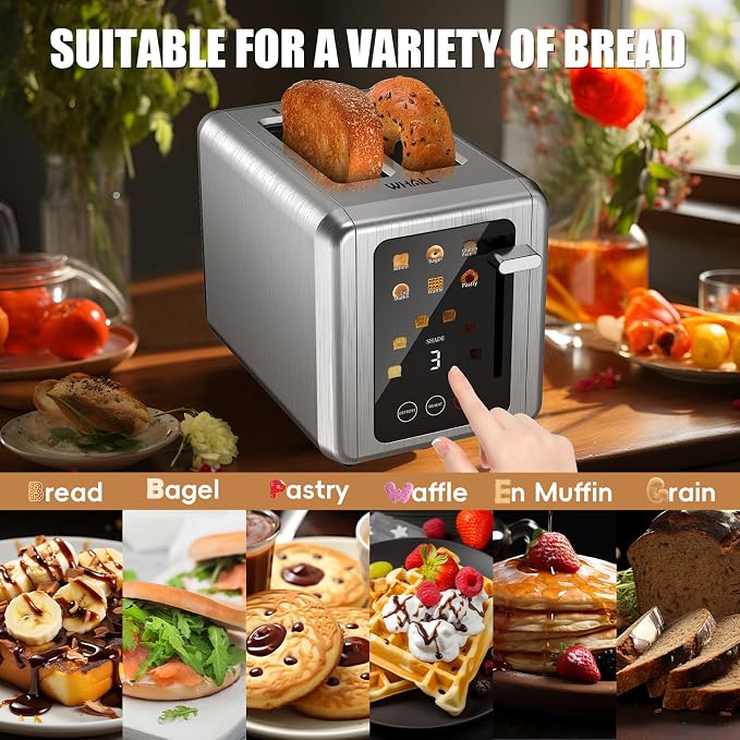 WHALL 2 Slice Toaster, Smart Full Touch Screen, Extra Wide Slots, Silver | Stainless Steel, 6 Shade Settings, Reheat/Defrost/Mute/Standby/Cancel, Bread Bagel Gluten-Free Waffle Pastry, Digital Timer