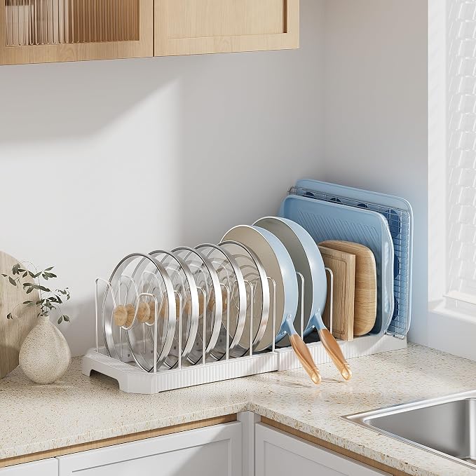 MUDEELA Pots and Pans Organizer under Cabinet, Pan Pot Organizer Inside Cabinet, Expandable 12.9''-21.88'' Pot Lid Organizer Holder with 12 Adjustable Dividers for Cutting Boards, Pan Lid Rack, White