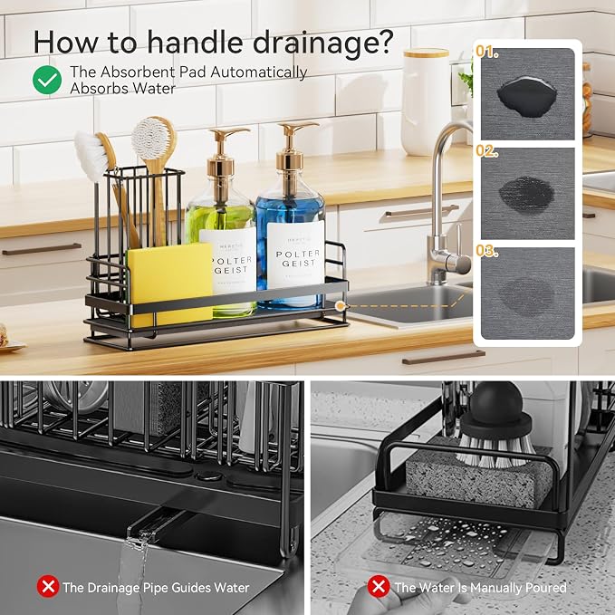 Yofidra Sink Caddy With Stone Drying Tray: Stainless Steel Soap Dispenser Kitchen Sink Organizer Set, Sponge Holder Counter Accessories Decor for Kitchen Organizers and Storage 8.1x3.5x4.5 in Black