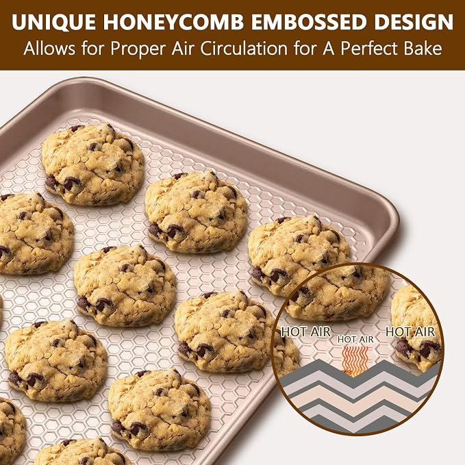Wildone Baking Sheet Pan Set of 2, Honeycomb Embossed Nonstick Cookie Sheet | Thicker Carbon Steel Half Sheet Pan Oven Tray 17.5x12 Inch, Heavy Duty & Easy Clean, Rose Gold