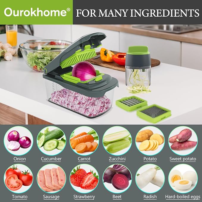 Ourokhome Onion Chopper Dicer with Container, Manual Food Cutter with Handheld Veggie Spiral, Hand Vegetable Mandolin slicer for Potato, Tomato, Carrot, Essential Kitchen Gadget (6 in 1, Gray)