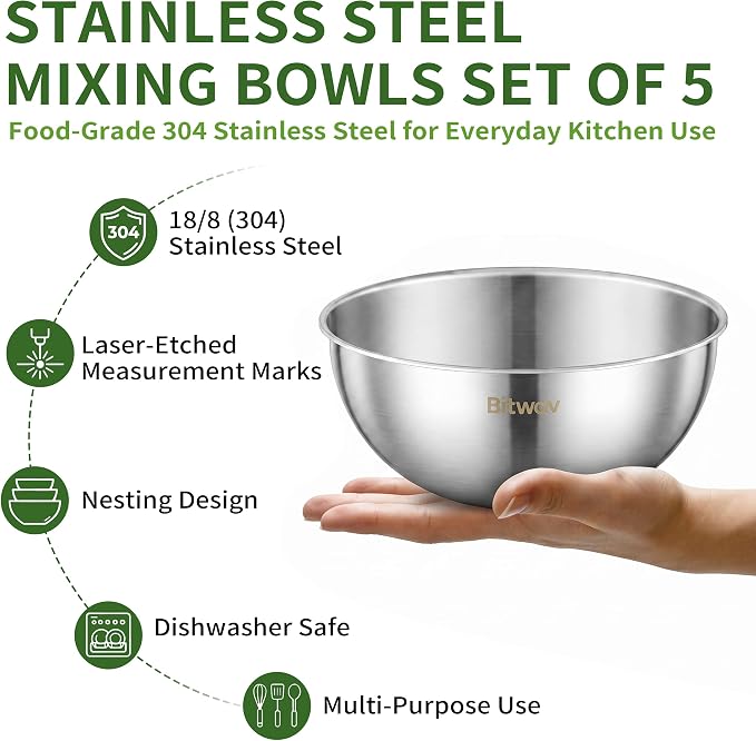 304 Stainless Steel Mixing Bowls Set of 5, 1.1/1.6/1.9/2.5/3.5 QT Food Grade Metal Bowls with Measurement Marks, Dishwasher Safe & Stackable Nesting for Baking, Salads, Meal Prep, RV & Camping