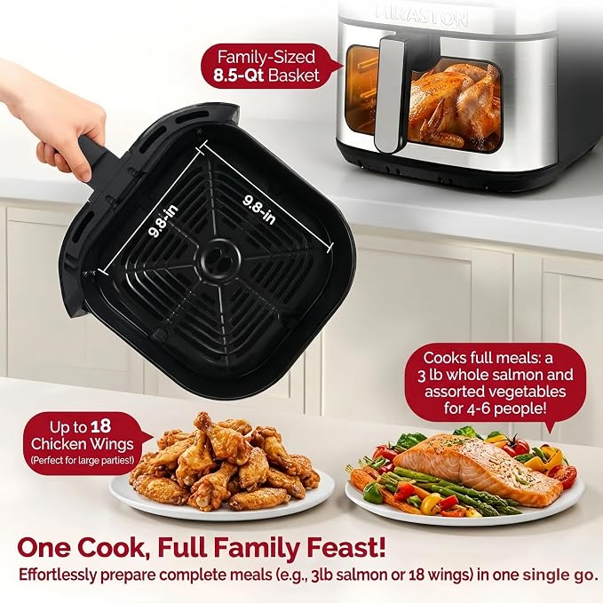 8.5QT Digital Air Fryer, XL Stainless Steel Oven with Clear Window | HEALTHY COOKING: Large air fryer for 5-6 people; PFAS-free coating for toxin-free meals & effortless dishwasher clean.