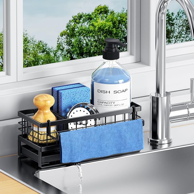 Metal Kitchen Sink Sponge Holder, Countertop Sink Caddy, Black | Rustproof Kitchen Caddy Sink Organizer, Non-Slip Sponge Caddy with 360° Self-Draining Tray, Detachable Dish Cloth Holder