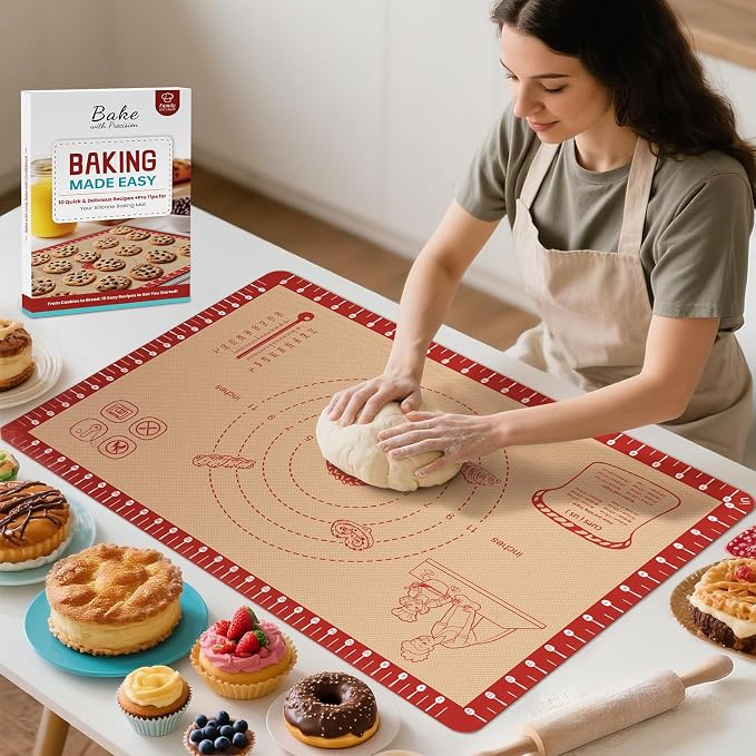 Extra Thick Silicone Mat for Baking, Silicone Baking Mat with 10 Easy Recipes, Non Stick Silicone Pastry Mat, kneading Dough Rolling Mat, Macaron, Cookie, bread, Pizza, Fondant/Pie Crust