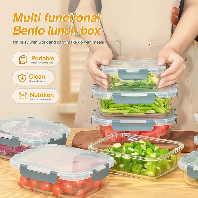 WWWYH.DSS 5 PACK 36 oz Glass Storage Containers with Lids, Grey | Glass Food Storage Container Set with Snap Airtight Lids, Microwave Oven Freezer Dishwasher Safe, BPA-Free