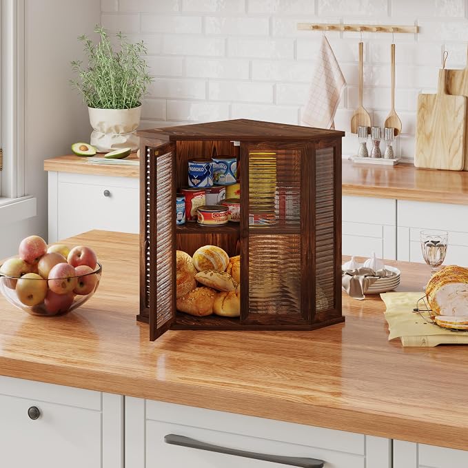 Corner Bread Box for Kitchen Counter, 16.7 Inch Extra Large 2-Tier Farmhouse Bread Box with Natural Pine Wood Grain, Dual Wave Glass Doors and Adjustable Shelf(Pine Wood)