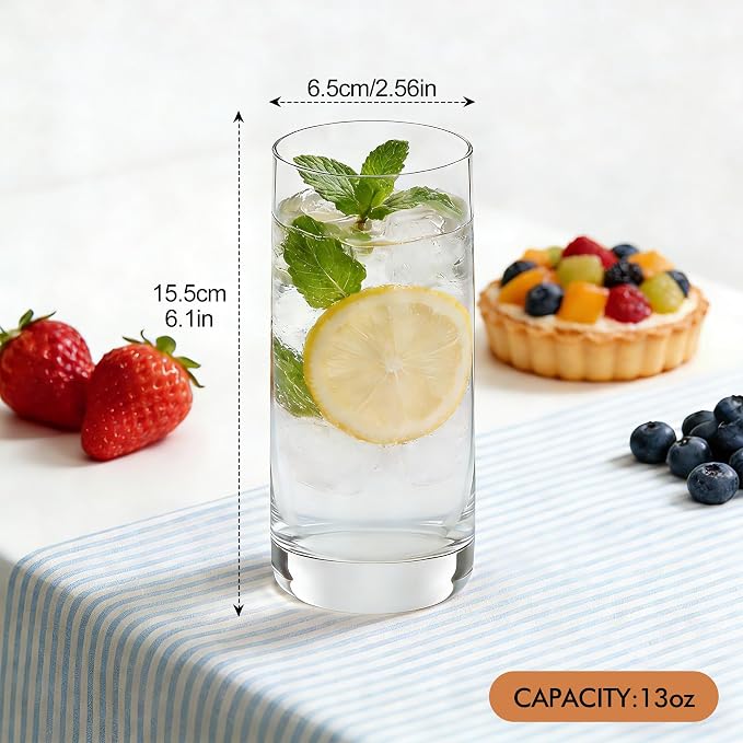 Highball Glasses Set of 6, Clear Drinking Glass for Mixed Drink | 13oz ,Cups for Cocktail, Beer, Mojito, Water and Juice,Thick Tall Glassware for Kitchen, Restaurant, Home Bar and Parties