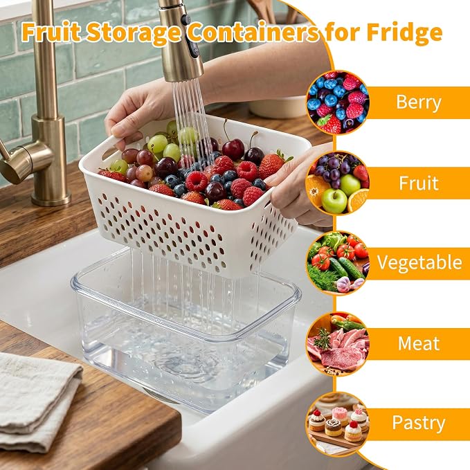 Runhike Strawberry Container Fruit Storage Containers for Fridge 3 PCS | Strawberry Basket Produce Storage Containers for Fridge, Fridge Organizers to Keep Blueberry Grape and Fruit Fresh Longer