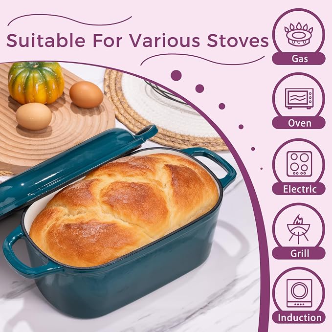 4.6-Quart Oval Dutch Oven for Bread Baking | 2 in 1 Enameled Cast Iron Bread Pan with Lid, Sourdough Baking Pan for a Crispy Crust, Teal