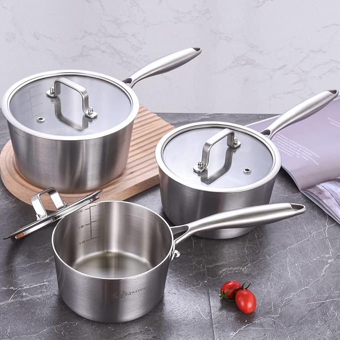 LOLYKITCH Tri-Ply 3 QT Stainless Steel Saucepan with Lid | Dia.20CM | Induction Cooking Sauce Pot | Oven & Dishwasher Safe | Detachable Handle